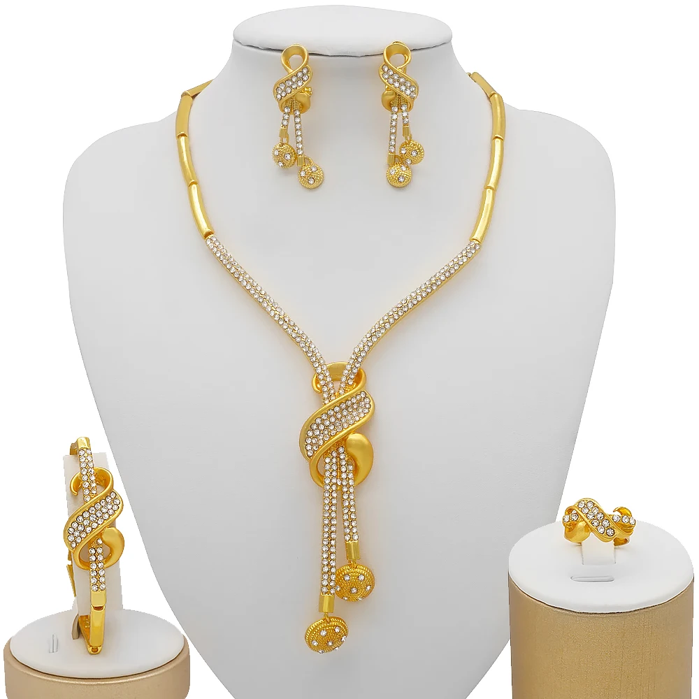 

Dubai Gold Jewelry Sets African Bridal Wedding Gifts For Women Saudi Arab Necklace Bracelet Earrings Ring Set Jewellery