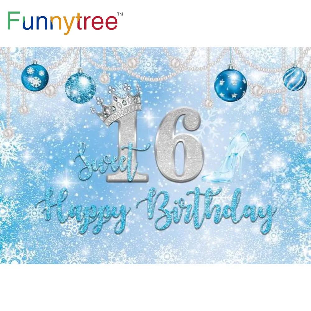 Funnytree Happy Birthday Theme Party Backdrop Silver Crown Snowflake Colored Balls Crystal Shoes Custom Poster Decoration Banner