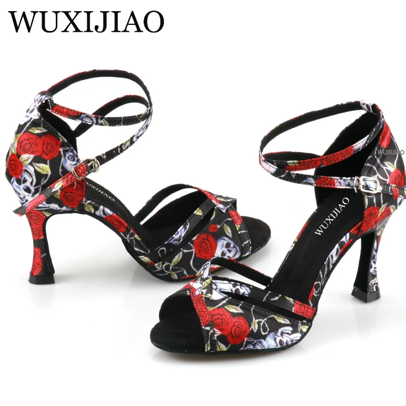 WUXIJIAO Professional ballroom dance shoes ladies halloween skull salsa shoes satin 10 cm high heels ladies latin dance