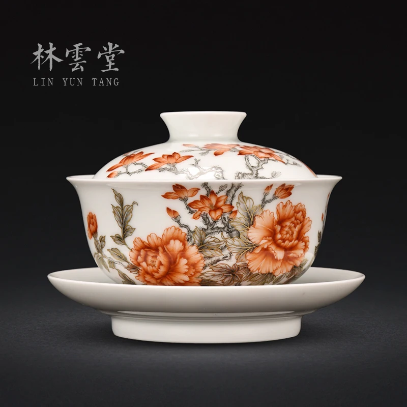 Lin Yuntang jingdezhen tureen bowl tureen tea color ink paint tureen peony tureen tea bowls