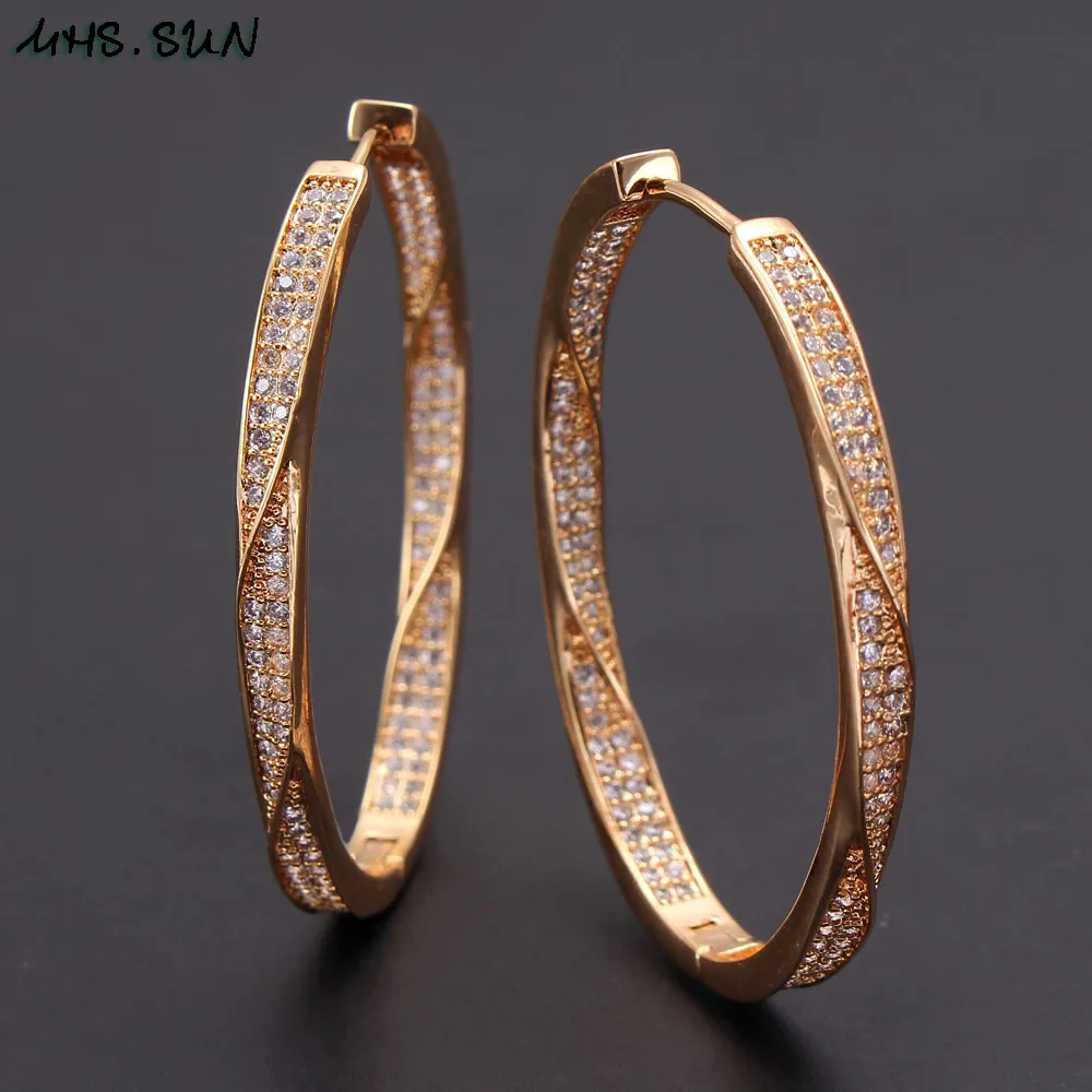 MHS.SUN Women Gold Plated Circle Hoop Earrings Fashion Twisted Design Cubic Zircon Earrings Round Statement Jewelry 1Pair