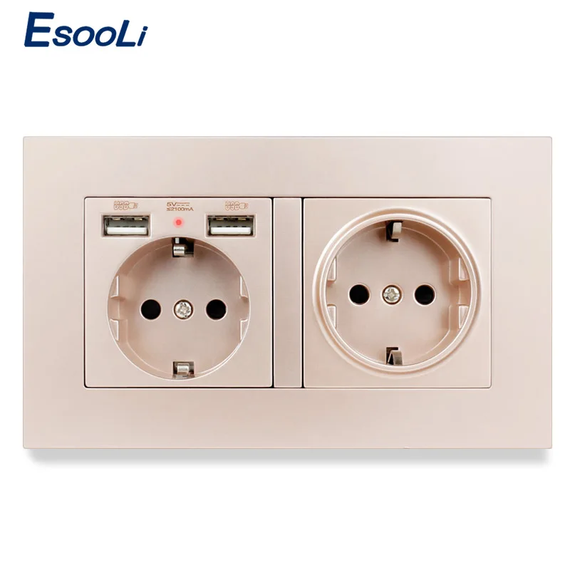 Esooli PC Plastic Panel Wall Socket EU Standard Power Outlet With Dual USB Smart Induction Charge Port For Mobile 5V 2.1A