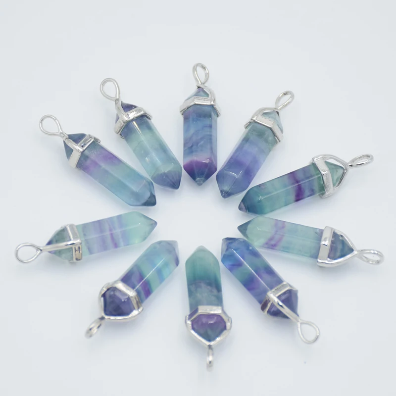 Natural Purple Green Fluorite Hexagonal Column Stone Necklaces Pendant Charms Vintage Choker Necklace Fashion Women Jewelry