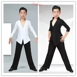 Top de baile latino para niños, camisa Sexy con cuello en V, pantalones de pierna ancha negros, trajes de competición de baile latino, ropa de Rumba Cha