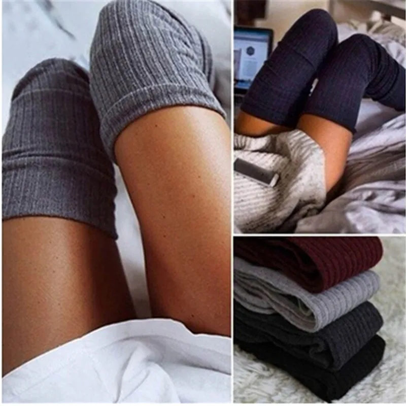 Solid Colors Knitted Sexy Stocking Women Warm Thigh High Over the Knee Socks Fashion Ladies Stockings