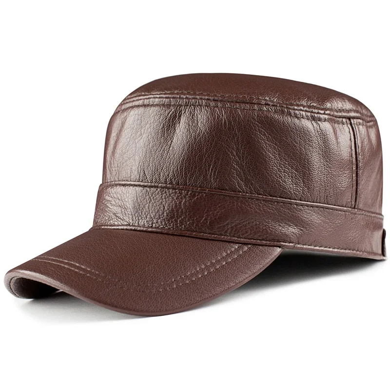 H7694 Men Goatskin Visor Cap Winter Genuine Leather Flat Top Warm Thick Hat Middle-aged and Elderly Male Fashion Casual Caps