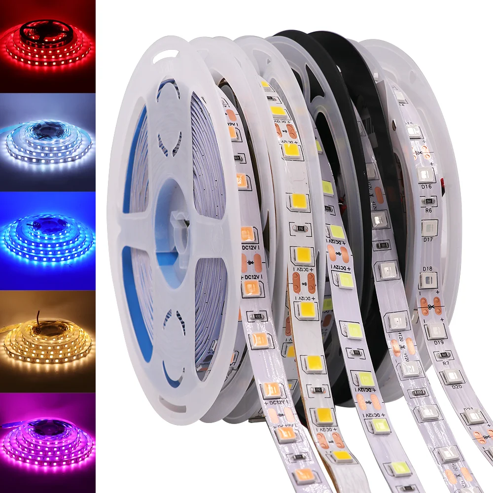 Tira de luces Led Flexible, cinta impermeable de 5M, 5050 RGB, 12V, 24V, 5054, 5630, 2835, Blanco cálido, azul, rojo y rosa