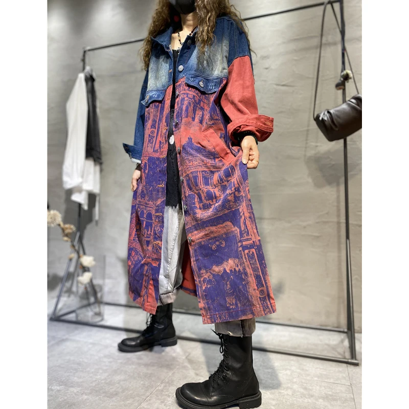 Max LuLu British New 2021 Denim Printed Trench Women Buttons Loose Long Clothing Laides Harajuku Contrast Color Windbreakers