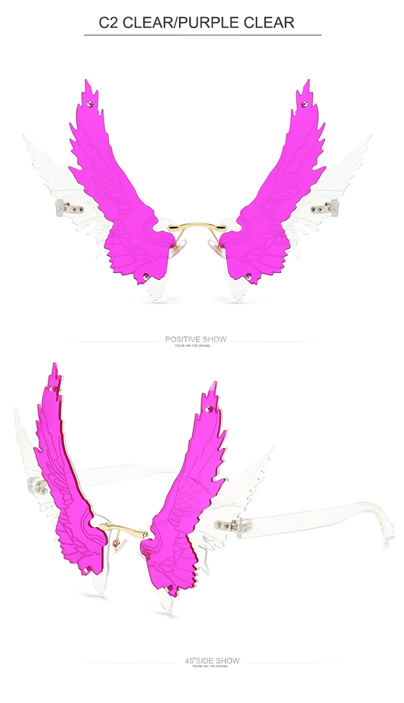 OEC-MANAGEMENT CPO Einzigartige Flügel Randlose Sonnenbrille Frauen Mode Großen Rahmen Steampunk Sonnenbrille Weibliche Rahmenlose Bunte Party Gläser Männer – Detail 7