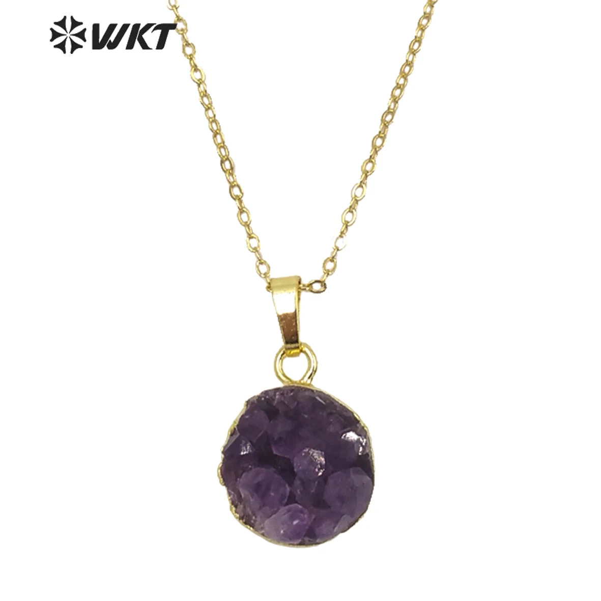 WKT Elagant Fashion Raw Round druzy Necklace With Gold Trim Natural Crystal High Quality