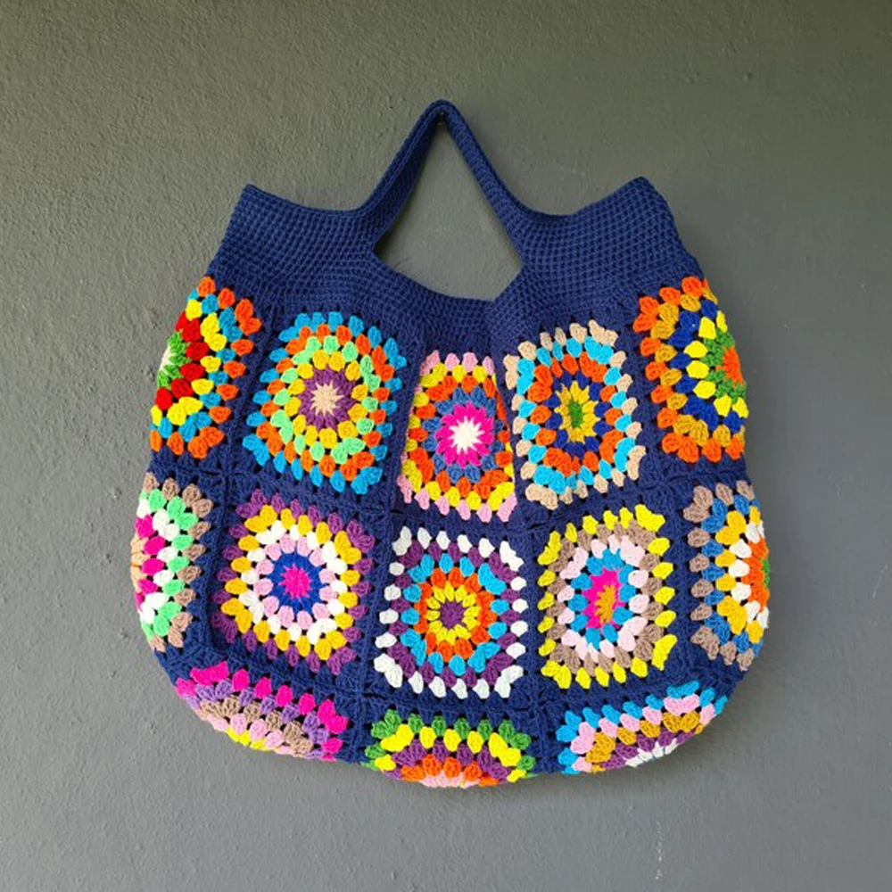 Imagem -04 - Bolsas de Tecido Artesanais Vintage para Mulheres Bolsas Azuis Escuras Boho Colorido Hippie Avó Quadrado Crochê Kintted Bolsa Fofa