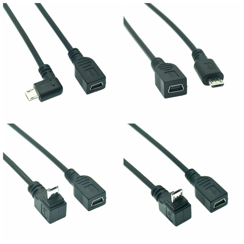 90 Degree 4x Angle Micro Male to Mini Female USB Adapter Converter Data Charger Cable CORD new up down right left