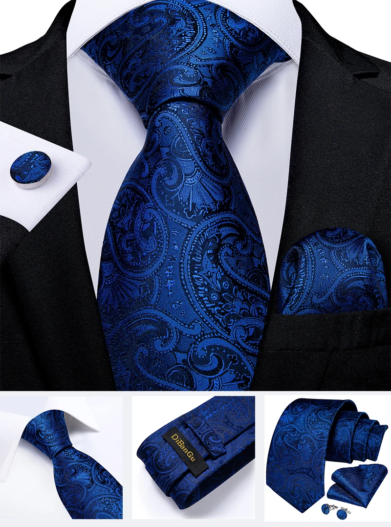 Klassische marineblaue Herrenkrawatte, gestreift, Paisley-Blumenmuster, Krawatten-Set mit Einstecktuch und Manschettenknöpfen, Business-Krawatten-Set, Geschenk für Männer – Detail 19