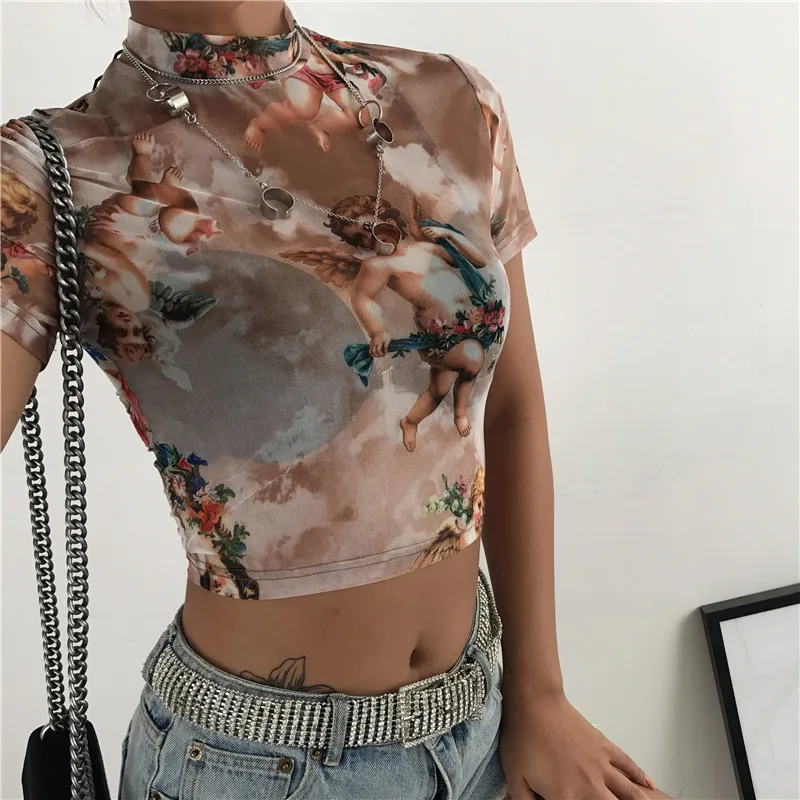 Angel Print Mesh Sexy Fashion T Shirt Crop Top collo alto manica corta Graphic Tees donna Streetwear Harajuku camicie vendita calda