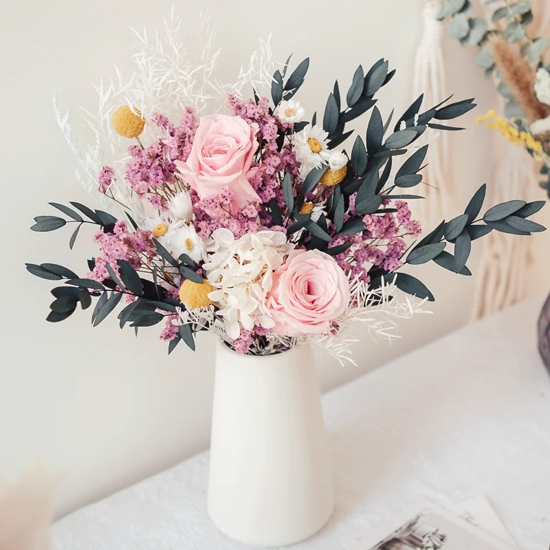 

Dried Natural Flowers Bouquet Rose Crystal Pampas Grass Eucalyptus Leaves Hydrangea Flower Wedding Marriage Decoration Accessori