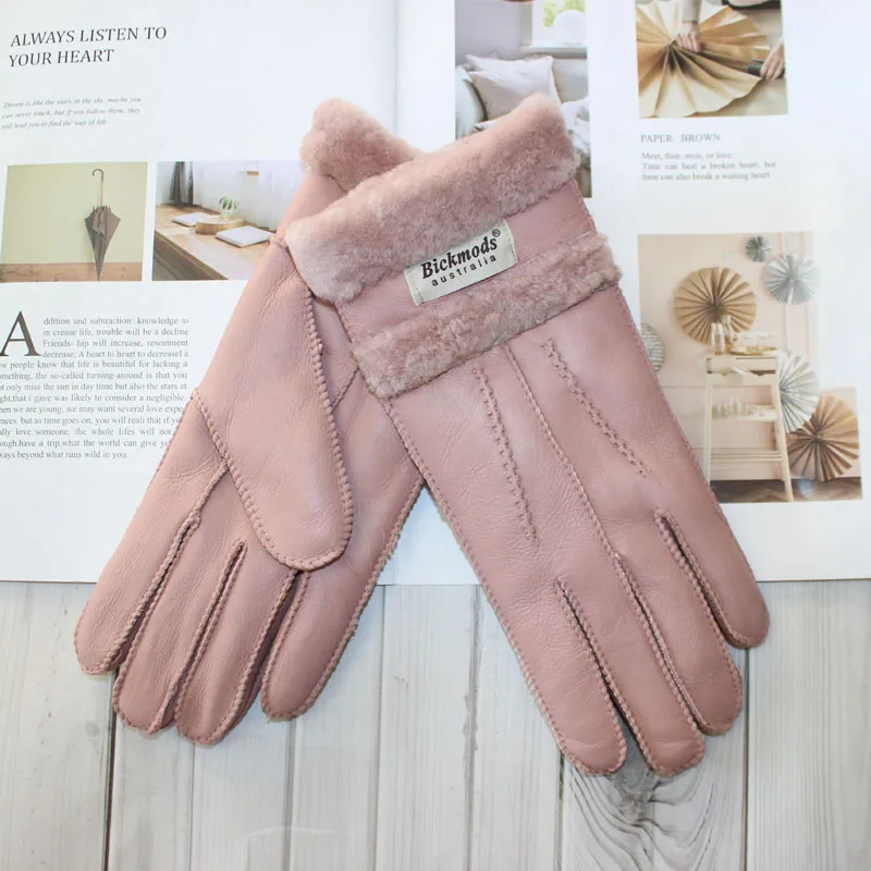 New Women Leather Gloves Hand-Stitched Winter Thick Warm Wool A Variety Of Colors Stitching Style Sheepskin Fur