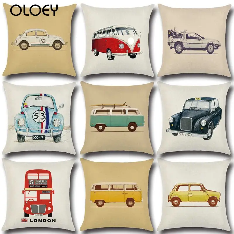 45x45cm Linen Pillow Decorative Linen Cushion Cover Cartoon  Vintage Car Pillow Case Square Vintage Almofadas