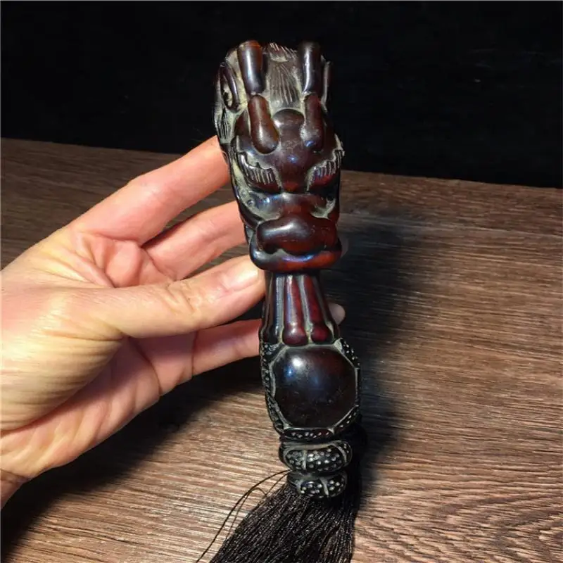 

China Antique Ox Horn Yak Horn Hand Carved Dragon Head Ruyi Amulet Good Luck Feng Shui Statue Decoration Ornamental Pendant Gift