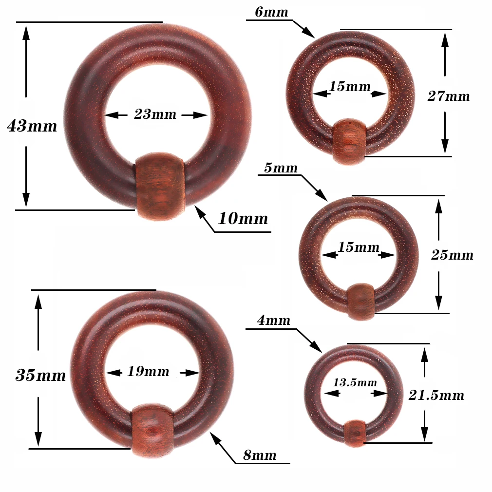 JHJT 2PCS Earring Plugs Tunnels Piercing Round Sandalwood 4MM 5MM 6MM 8MM 10MM Thickness BCR Ear Expander Piercing Body Jewelry