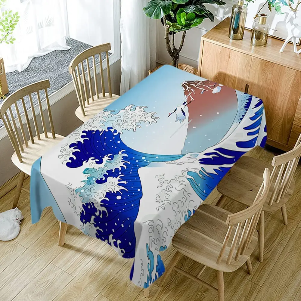 Great Waves Mount Fuji Tablecloth By Ho Me Lili Japanese Ocean Seagull Crane Scenery Polyester For Party Restaurant Kitchen