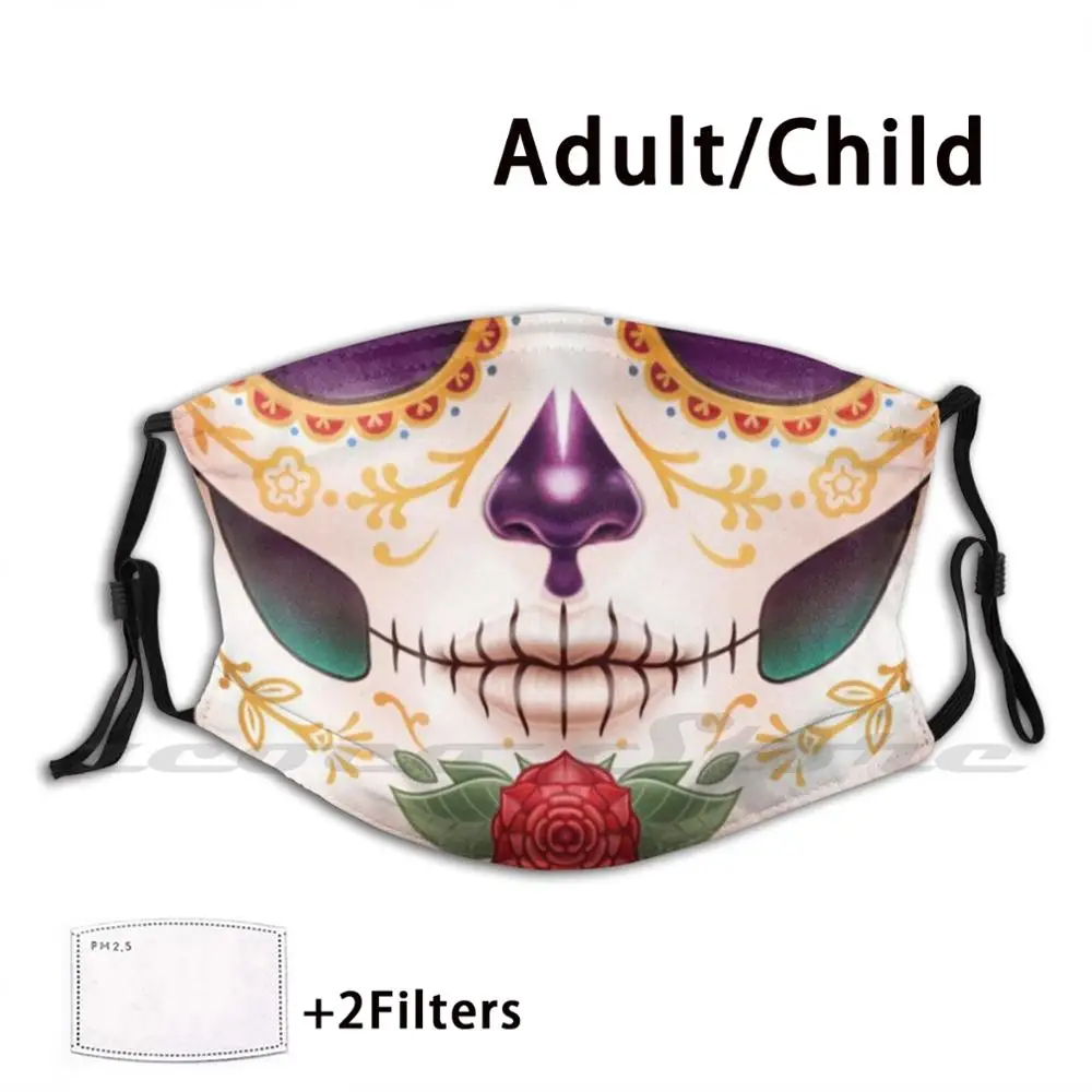 

Sugar Skull Mask Cloth Reusable Print Filter Washable Skull Sugar Candy Catrina Skeleton Mexico Holy Death All Saints Day Bones