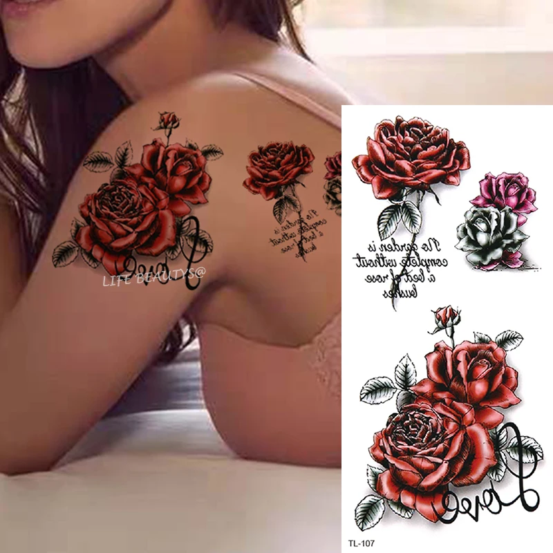 Belleza flor Diamante Negro Rosa impermeable tatuaje temporal arte corporal manga del brazo transferencia de agua pegatina de decoración falsa para