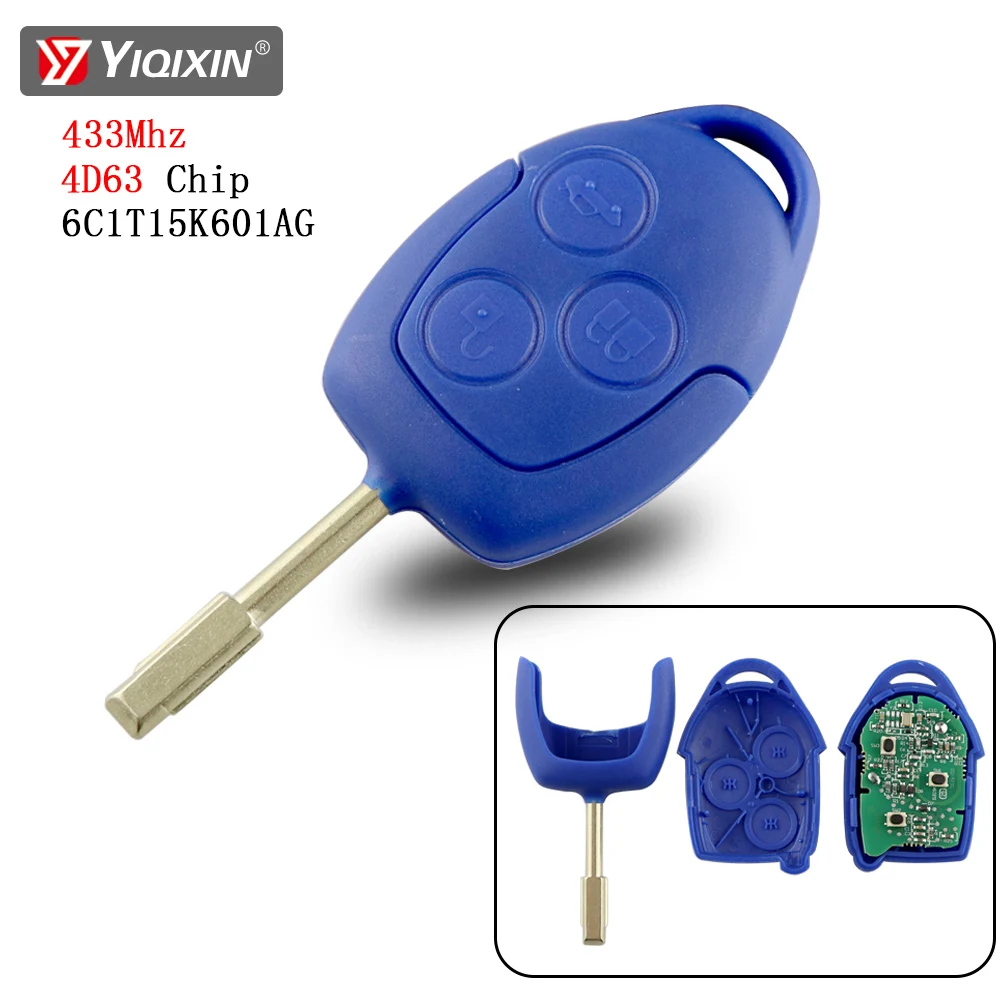 YIQIXIN 3 Buttons Remote Car Key For Ford Transit WM VM 2006-2014 433Mhz 4D63 Chip P/N: 6C1T15K601AG Black Blue Head FO21 Blade