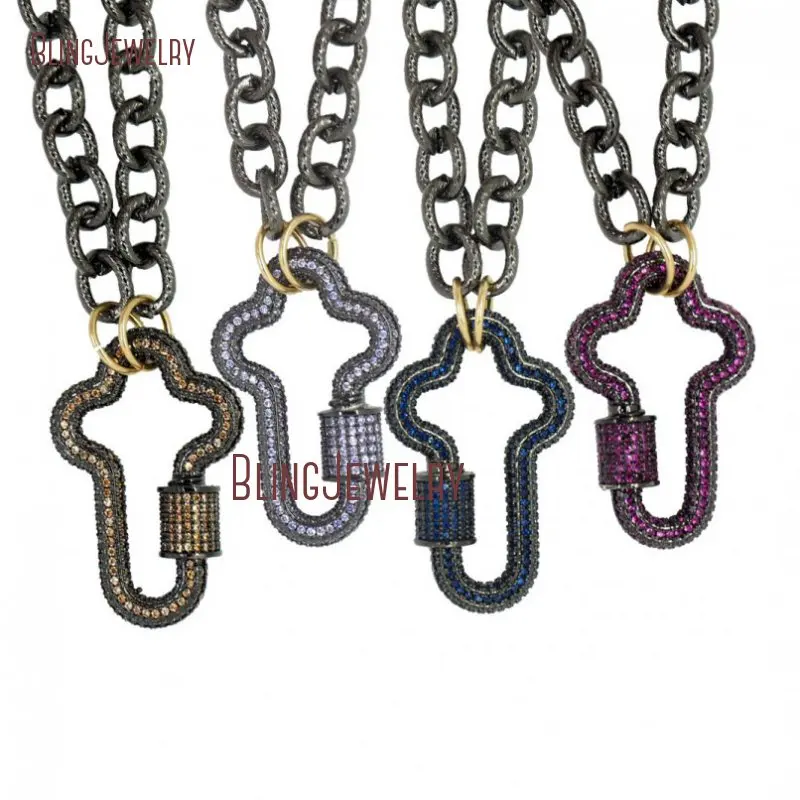 Hot Pink CZ Cross Lock Necklace Screw Clasp Carabiner  Chain Women Stainless Steel Jewelry NM30294