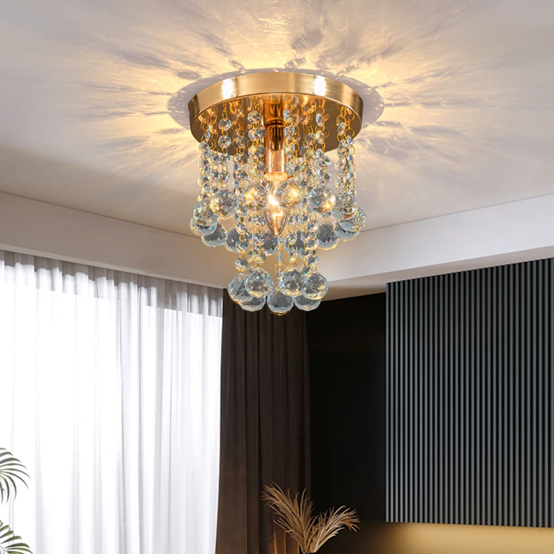 Hanging Crystal Ceiling Lamp Bedroom Living Room Home Decor Interior Lighting Corridor Entrance Aisle Light Golden Silver