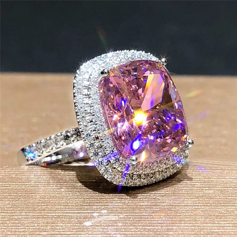 Huitan Personality Big Pink Cubic Zirconia Wedding Rings for Women Romantic Bridal Marriage Ceremony Party Rings Fashion Jewelry