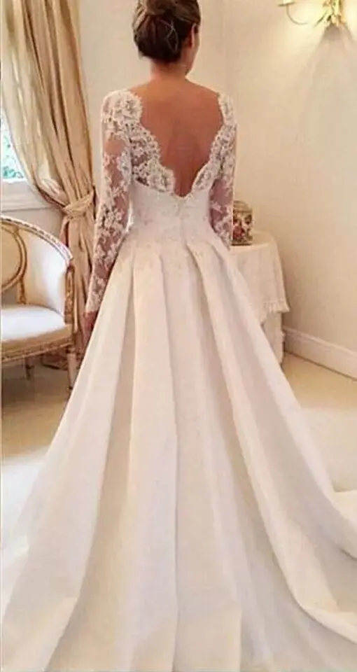 Vestido De novia De manga larga con cuello De joyería, corpiño con Apliques De encaje, tren De corte, espalda abierta, Sexy