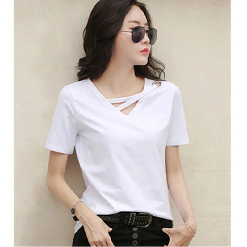 2024 new summer short sleeve women white t-shirt women V-neck loose Korean black top casual compassionate trend t shirt women