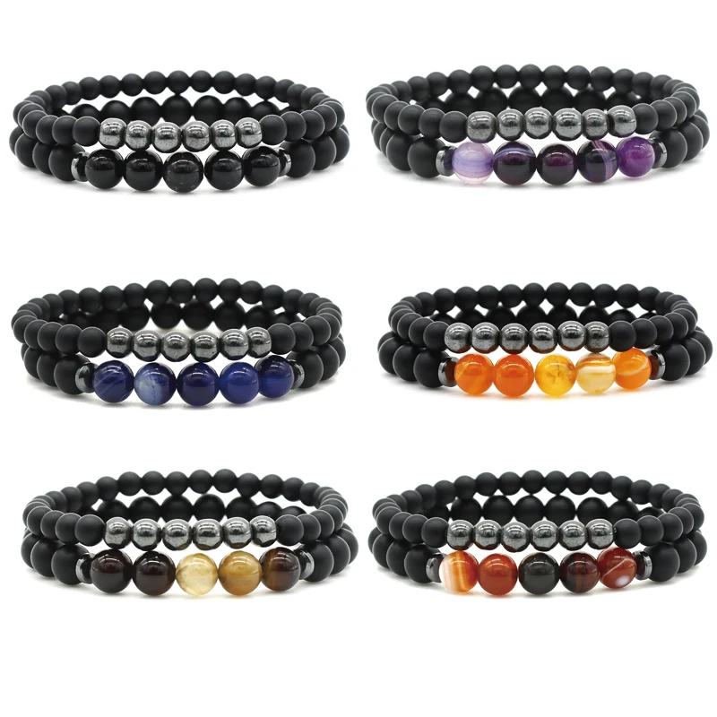 2pcs/Set Couple Distance Matte Black Onyx Beaded Bracelet Bangle Natural Striped Agate Maganet Stone Bracelet Set For Men Women