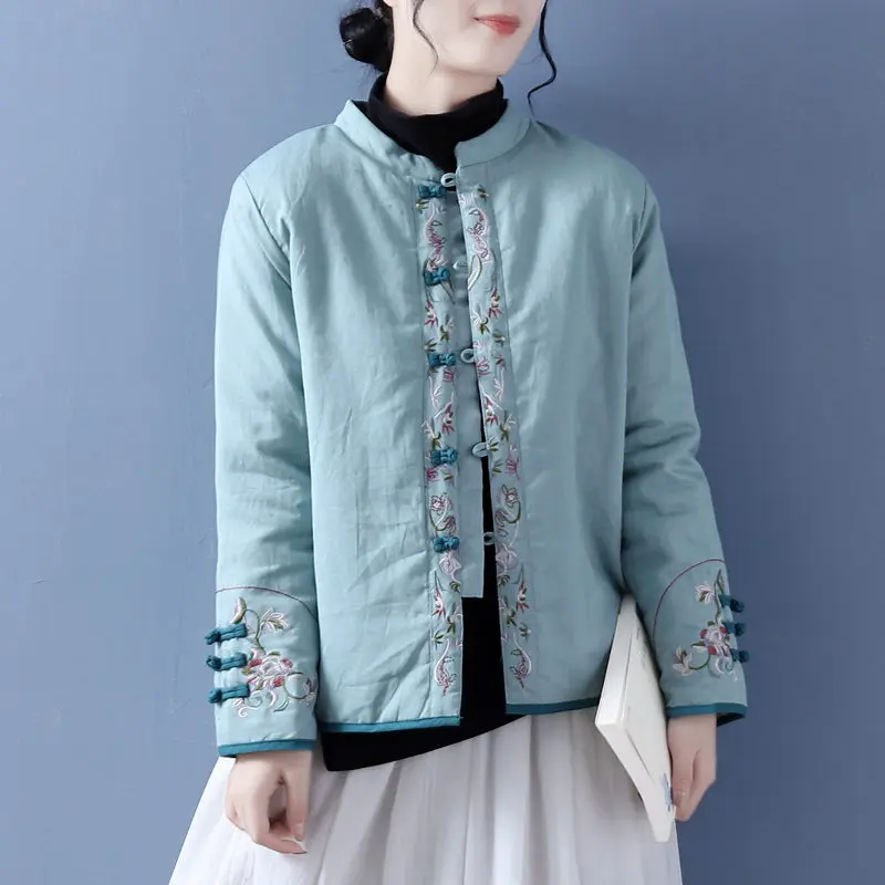 Retro Cotton And Linen Jacket Embroidered Ethnic Style Women Stand-Up Collar Buckle Chinese Quilt Coat Ladies Fall Winter M2030