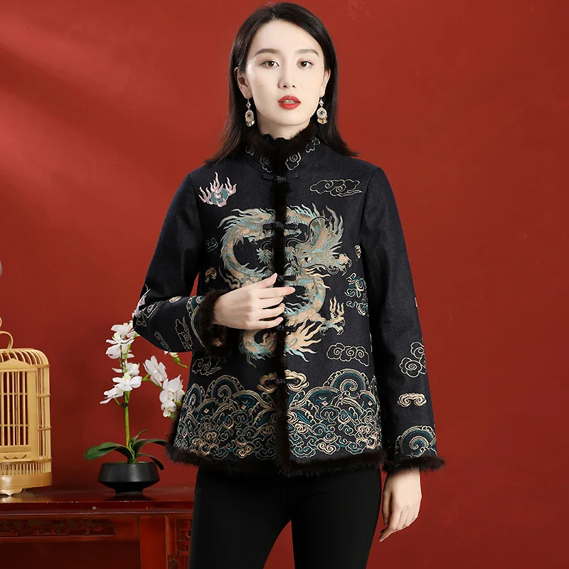 Chinese Style Cotton Jacket Women\'s Short Wool Embroidery Spliced Mink Fur Stand Collar Single-Breasted Lady Jacket M-3XL