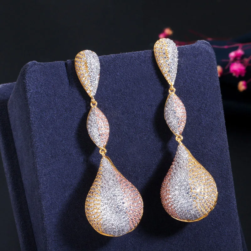CWWZircons Luxury Water Drop Balls Long Dangle Earrings for Women Wedding Micro CZ Zircon Dubai 3 Tone Gold Plated Jewelry CZ670