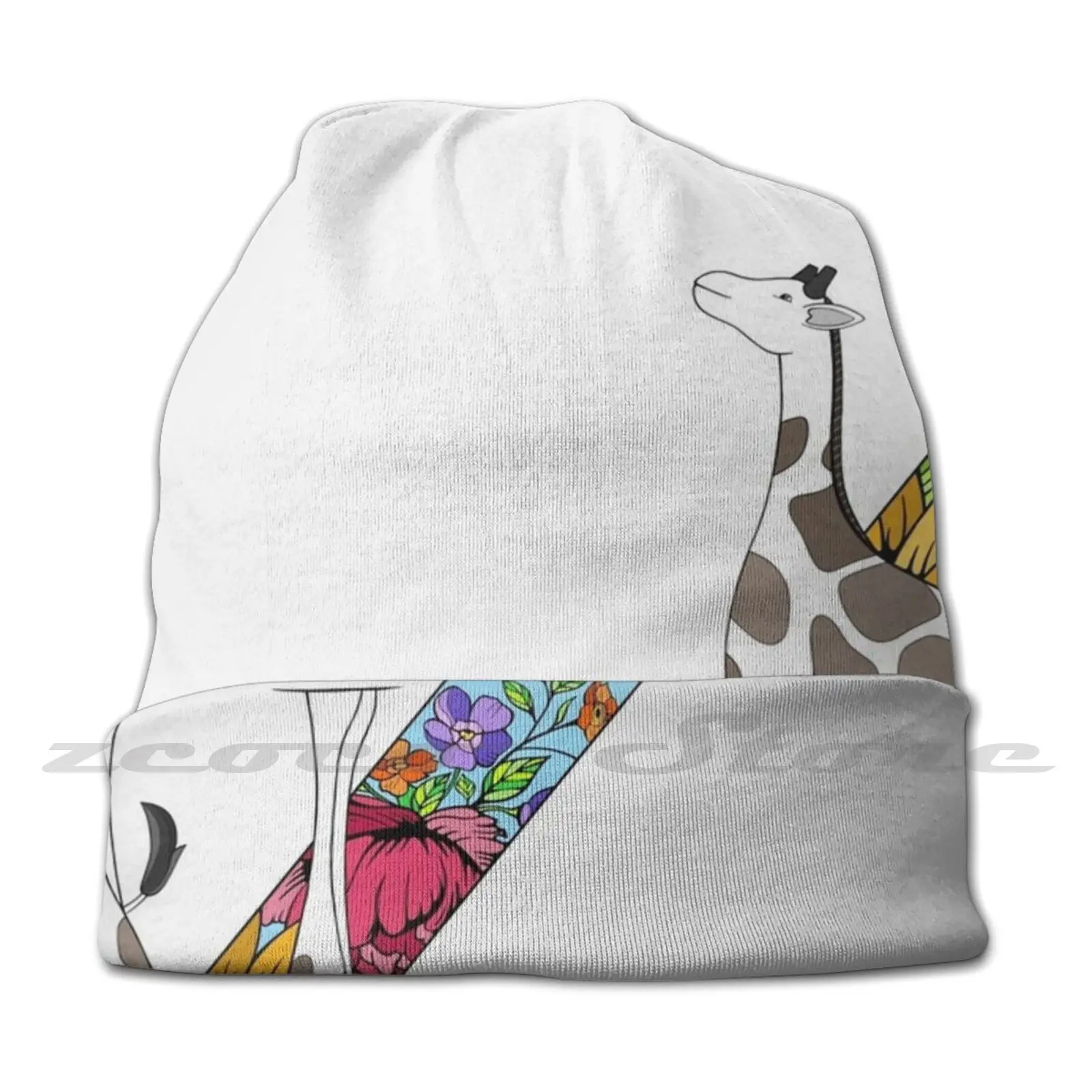 Floral Giraffe Graphic Diy Pullover Cap Knit Hat Plus Size Keep Warm Elastic Soft Giraffe Graphic Floral Flowers Animal Zoo