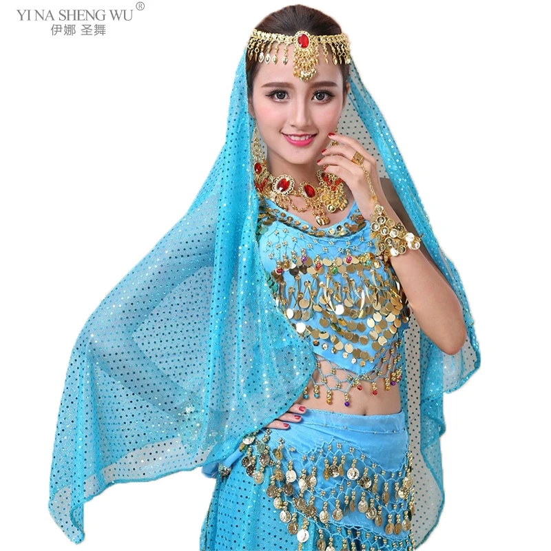 Women Belly Dance Scarf Gold Coins Bright Spot Veil Girls Belly Dance Head Scarf Veils Dance Accessories Indian Costumes 6 Color