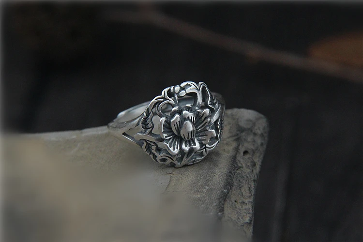 100%S990 sterling silver antique style female flowers rich matte New Gift Thai silver ring