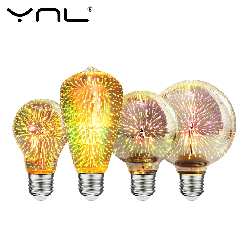 Ampoule décorative 3D Edison, vintage, 4W, 85-265V, lampe feux d\'artifice étoiles, veilleuse de vacances, nouveauté, G80, G95, ST64, A60