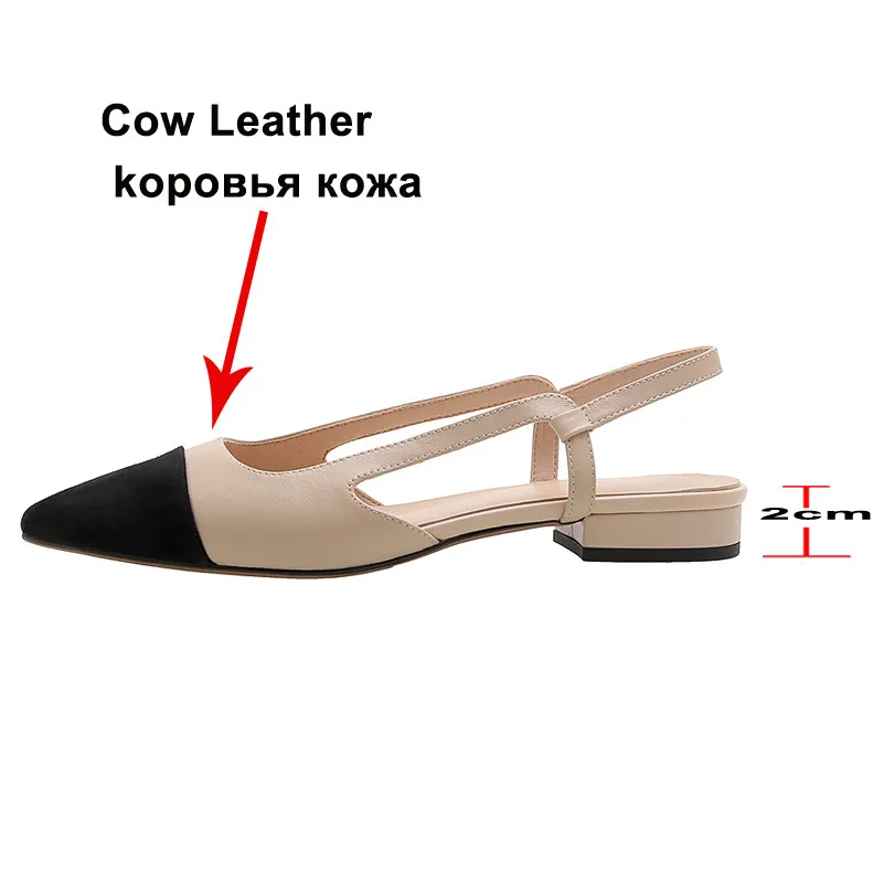 Meotina Genuine Leather Low Heel Slingbacks Shoes Women Shoes Pointed Toe Square Heels Shallow Ladies Footwear Summer Black 40