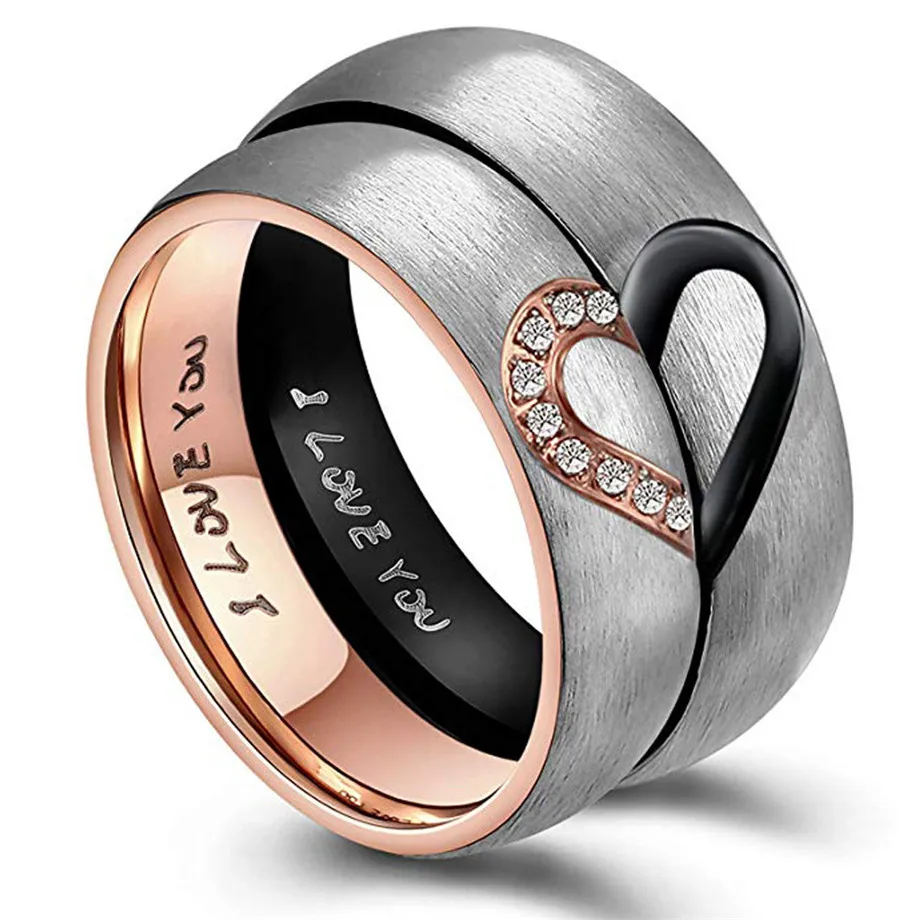 Stainless Steel Heart Lovers Couple Rings Rose Gold/Black Color Wedding Promise Ring For Women Men Engagement Jewelry Dropship