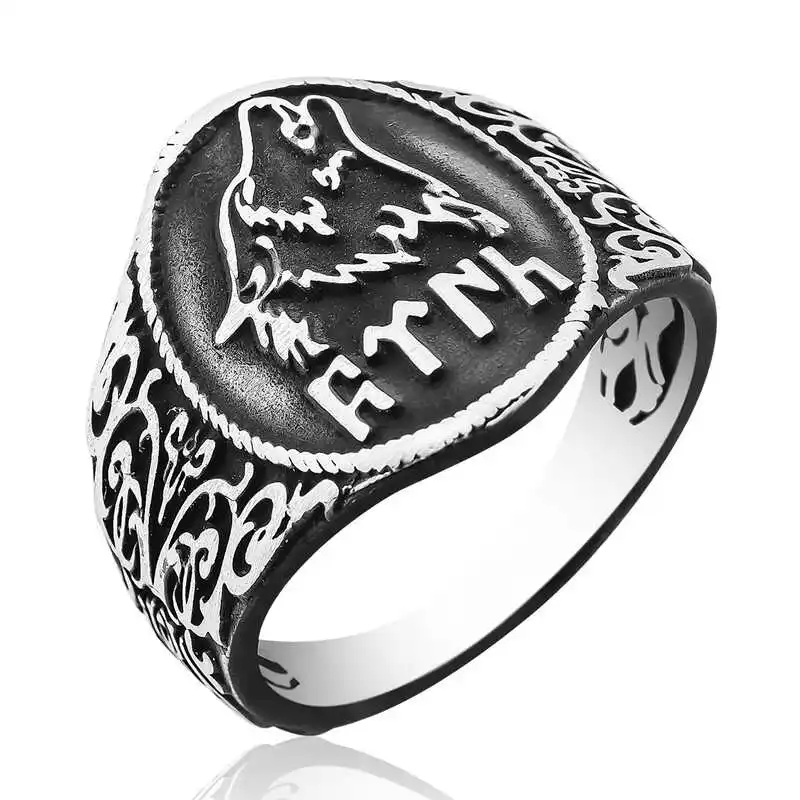 Silver Gokturk Turkish Written Bozkurt Men's Ring - 925 Sterling Men's Jewelry Wedding Birthday Gift - Box - Man - Fashion - Botiva - Size - Turkish - Patterned Embroidery