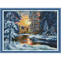 JoySunday Beautiful Snow Cross Stitch kit foresta tramonto neve fai da te tessuto fatto a mano panno croce ricamo cucito Set Home Deco