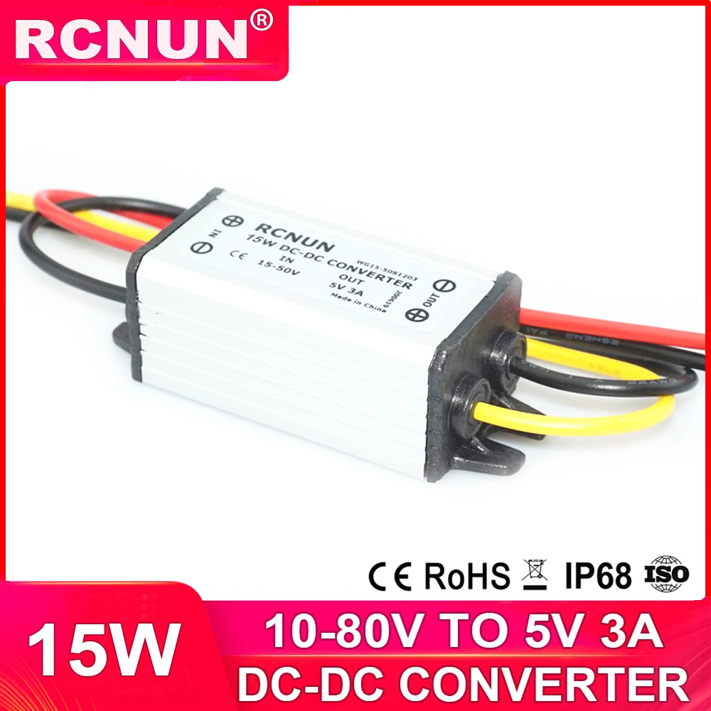 RCNUN 12V 24V 36V 48V 60V TO 5V 3A Step Down DC DC Converter 10-80 Volt to 5 Volt 15W Buck Power Supply for Cars LED