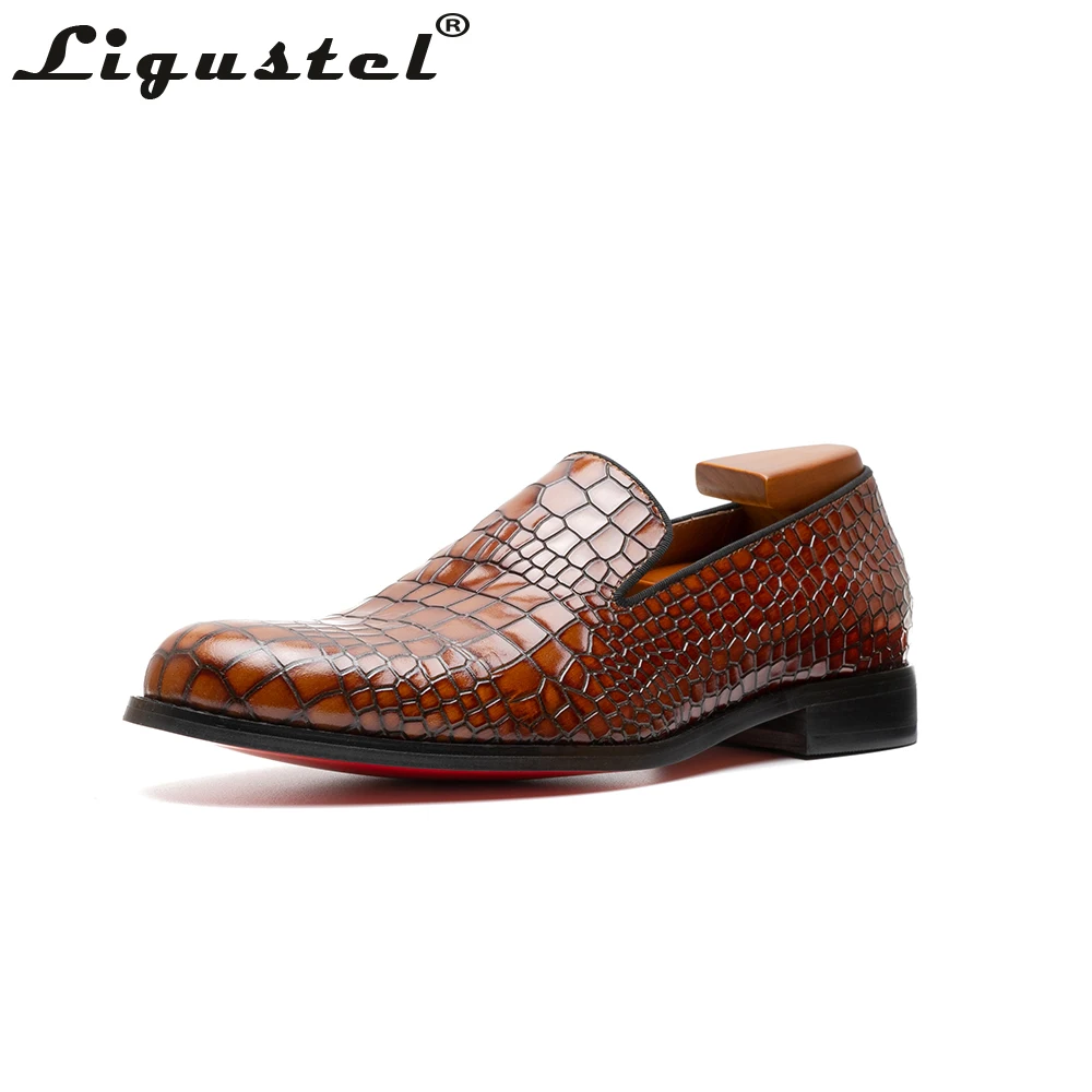 Mens Shoes Casual Handmade Crocodile Leather Shoes Mens Designer High Quality Red Bottom loafers Men Luxury Wedding Brown Shoes