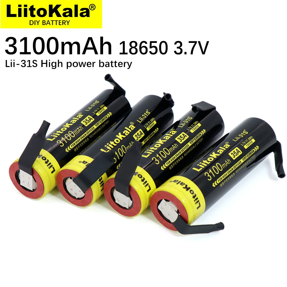 New LiitoKala  Lii-31S 18650  3.7V Li-ion 3100mA 35A Power Battery For High Drain Devices+DIY Nickel