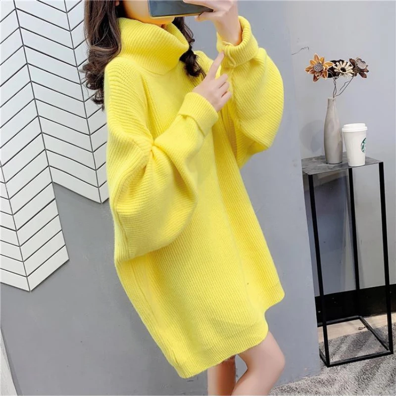 New Women's Autumn Turtleneck Sweater Fashion Warm Pure Color Mid-length Loose Pullover Tops 2020 Winter Women Sweaters   D21220