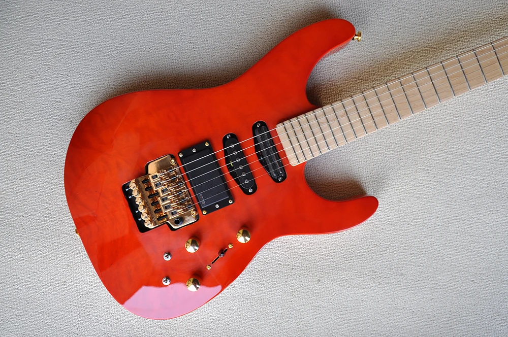 Red Body Electric Guitar with Maple Neck,Quilted Top ,Gold Hardware,Offering Customized Services