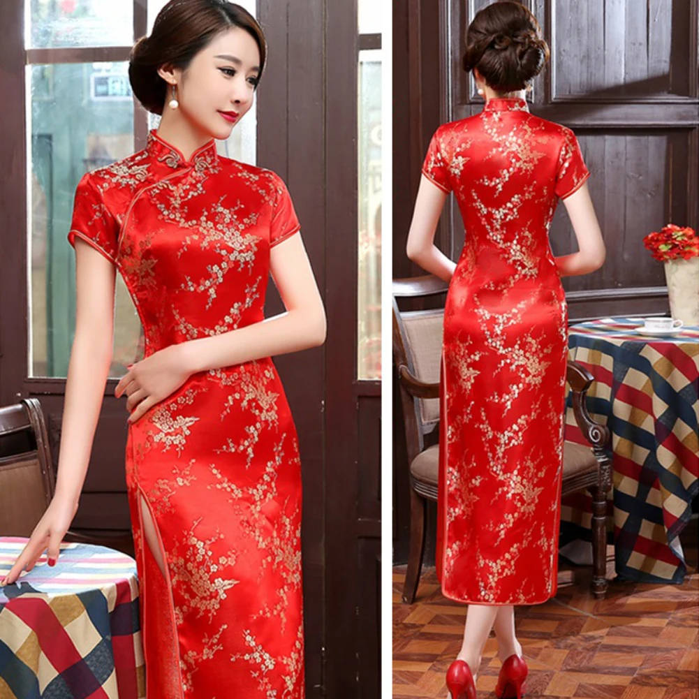 Hot Koop Chinese Traditionele Stijl Vrouwen Lange Cheongsam Bruidsmeisje Avondjurk Cheongsam Vintage Pruimenbloesem Side Slit Ontwerp